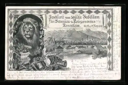 Künstler-AK Rosenheim / Obb., Festkarte 50 jähr. Jubiläum Veteranen- & Kriegervereins 1900, Teilansicht, Löwe & Wappen
