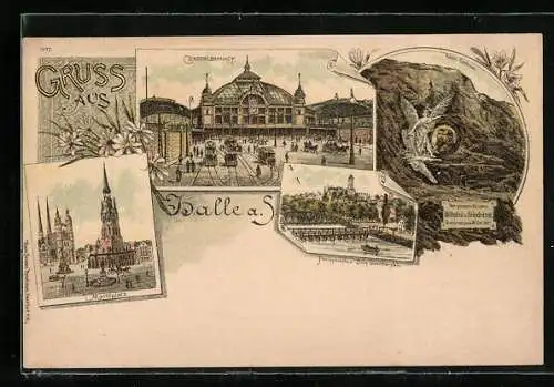 Lithographie Halle a. S., Marktplatz, Centralbahnhof, Portonbrücke und Burg Giebichenstein