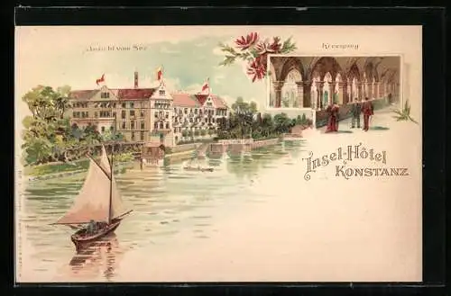 Lithographie Konstanz / Bodensee, Insel-Hotel, Aussenansicht, Kreuzgang