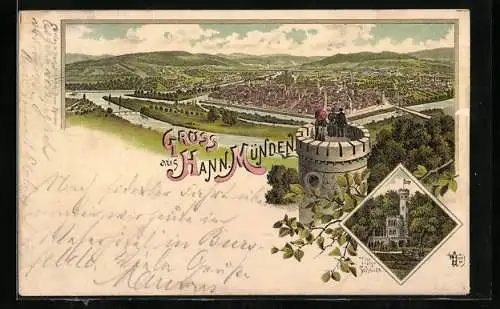 Lithographie Hann. Münden, Blick von der Tilly-Schanze auf den Ort