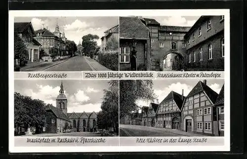 AK Wiedenbrück, Marktplatz mit Rathaus und Pfarrkirche, Franziskaner-Kloster mit Patersbogen, Rietbergerstrasse