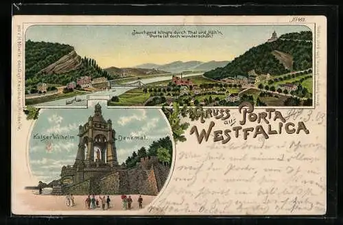 Lithographie Porta Westfalica, Kaiser Wilhelm Denkmal, Ortsansicht mit Dampfer, Weserbrücke und Eisenbahn