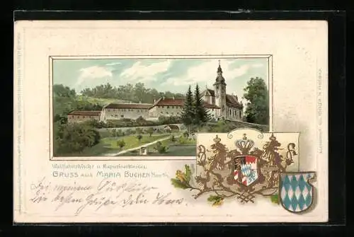Passepartout-Lithographie Maria-Buchen b. Lohr, Wallfahrtskirche und Kapuzinerkloster, Wappen