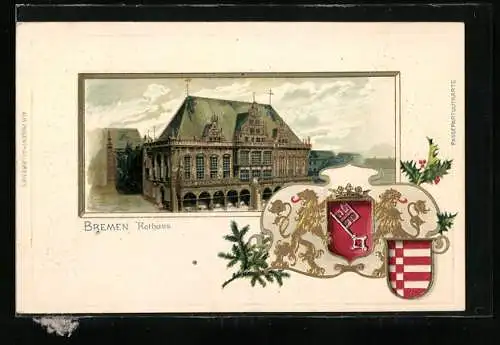 Passepartout-Lithographie Bremen, Blick auf das Rathaus, Wappen