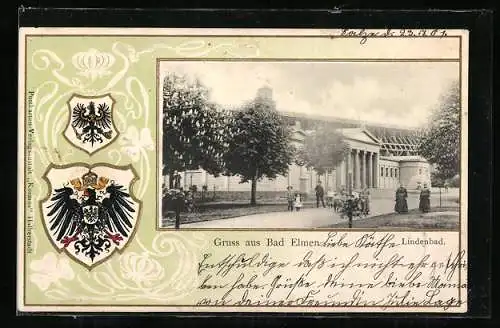 Präge-AK Bad Elmen, Lindenbad, Wappen, Passepartout