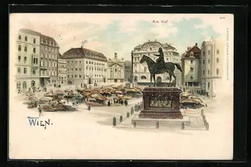 Lithographie Wien, Am Hof, Markttag, Reiterdenkmal