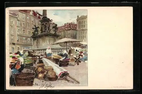Künstler-AK Wien, Am Hof, Marktstände am Denkmal