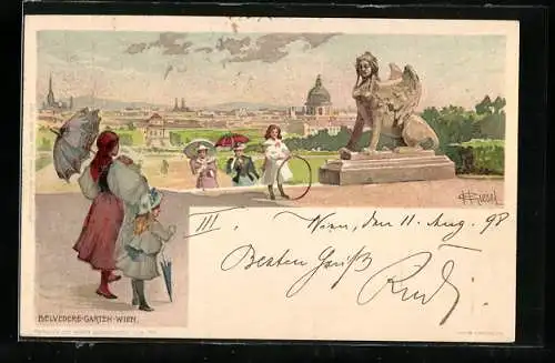 Künstler-AK Wien, Statue im Belvedere-Garten