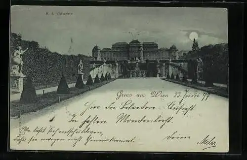 Mondschein-AK Wien, Blick zum K. k. Belvedere