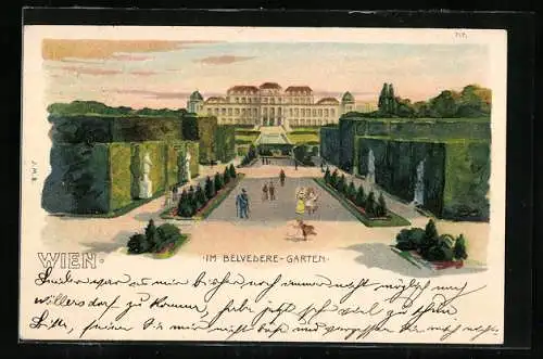 Lithographie Wien, Blick auf den Belvedere-Garten