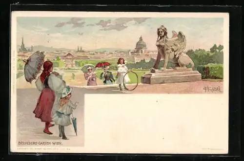 Künstler-AK sign. H. Giesel: Wien, Flaneure im Belvedere Garten