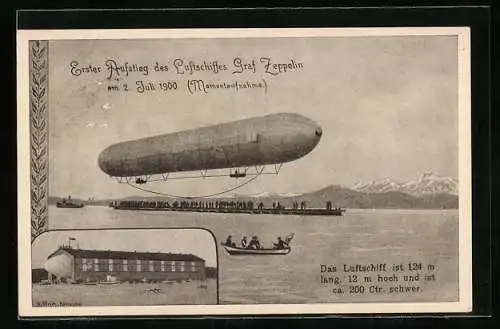 AK Erster Aufstieg des Luftschiffes LZ127 Graf Zeppelin am 2. Juli 1900 über dem Bodensee