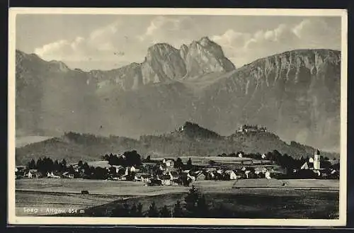 AK Seeg i. Allgäu, Blick v. Kirchtal mit Ruinen Freyberg-Eisenberg und der Aggenstein