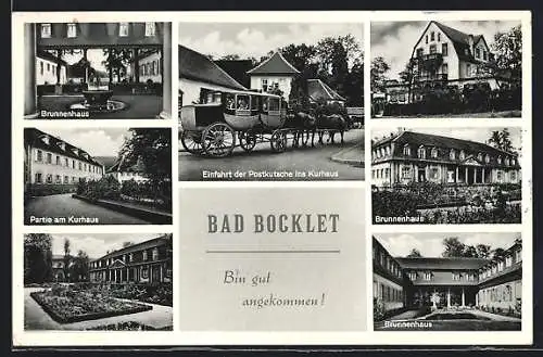 AK Bad Bocklet, Postkutsche, Brunnenhaus und Kurhaus