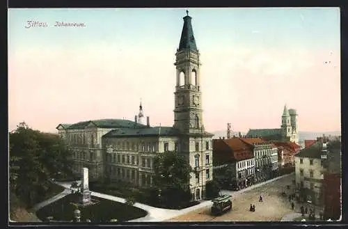 AK Zittau, Johanneum, Strassenbahn, Rheinperle