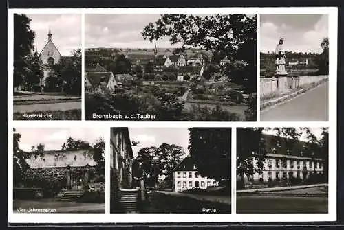 AK Bronnbach a. d. Tauber, Klosterkirche, Vier Jahreszeiten und Strassenpartie