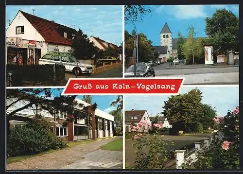AK Köln-Vogelsang, Diko`s Basar, Strassenpartien, Kirche