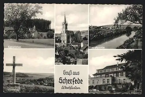 AK Scherfede /Westfalen, Kurheim, Diemelpartie, Kirche