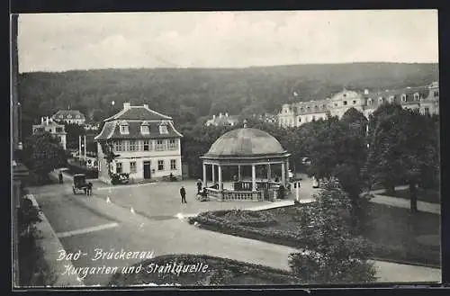 AK Bad Brückenau, Kurgarten mit Stahlquelle aus der Vogelschau