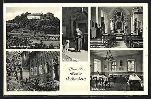 AK Bad Brückenau, Kloster Volkersberg, Klostergarten, Klosterkirche, Mönch mit Hund, Gästezimmer