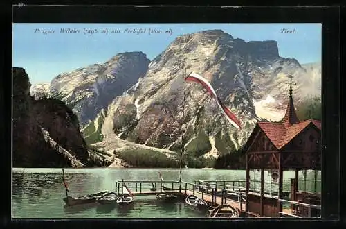 AK Bozen, Bootssteg am Pragser Wildsee, Blick auf Seekofel