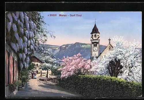 AK Dorf Tirol, Blühende Bäume an der Kirche