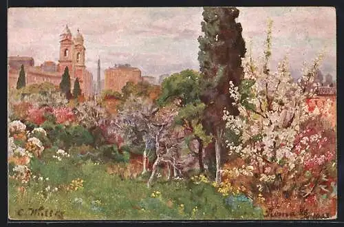 Künstler-AK Roma, Primavera sul Monte Pincio, Chiesa di Trinità de` Monti