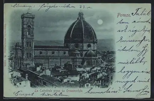 Mondschein-AK Firenze, La Cattedrale presa da Orsanmichele