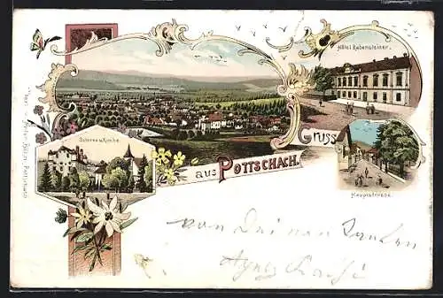 Lithographie Pottschach, Hôtel Rabensteiner, Hauptstrasse, Schloss und Kirche