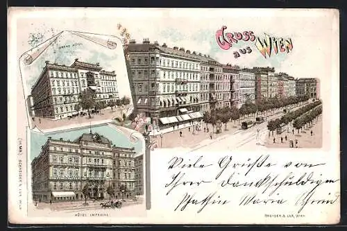 Lithographie Wien, Grand Hotel, Hotel Imperial, Pferdebahnen