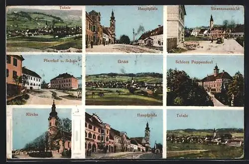 AK Gnas, Strassenpartie, Pfarrhof u. Schule, Hauptplatz