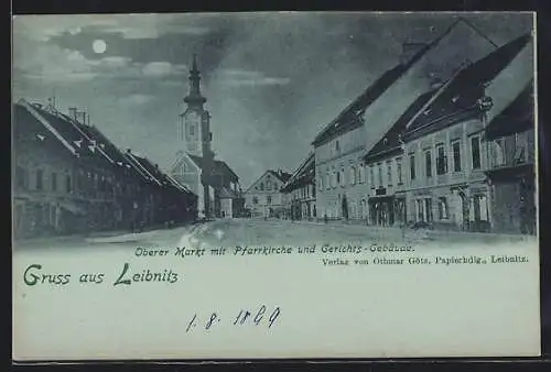 Mondschein-AK Leibnitz, Oberer Markt mit Pfarrkirche und Gerichts-Gebäude