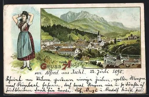 Lithographie Aussee, Teilansicht mit Kirche, Frau in Tracht