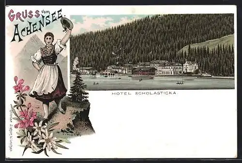 Lithographie Achensee, Hotel Scholasticka, Frau in Tracht