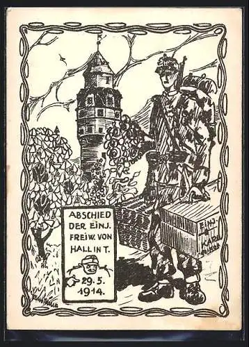 Künstler-AK Hall in T., Abschied der einjährigen Freiwilligen 1914, Soldat vor Turm