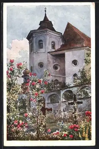 Künstler-AK Traunkirchen, Kirche und Rosen im Sonnenschein