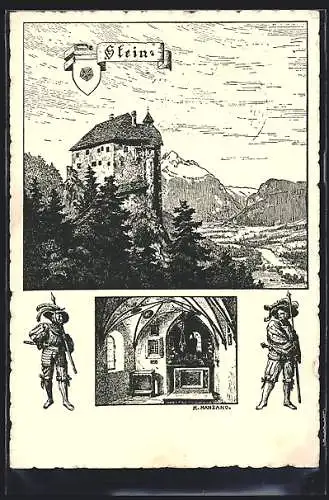 Künstler-AK Dellach im Drautal, Schloss Stein mit Umgebung, Wappen, Ritter