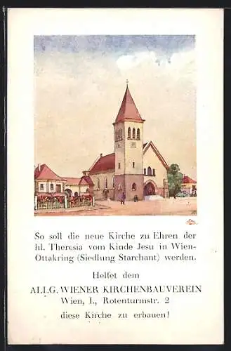 Künstler-AK Wien, Ottakring, Siedlung Starchant, Theresia-Kirche, Baustein
