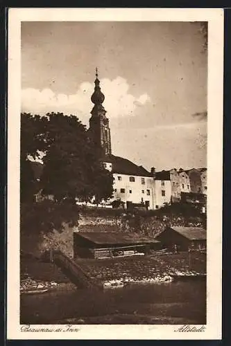 AK Braunau am Inn, Altstadtpartie mit Kirche