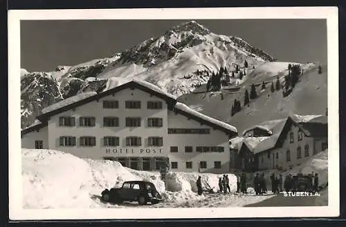 AK Stuben a. A., Hotel Post im Schnee