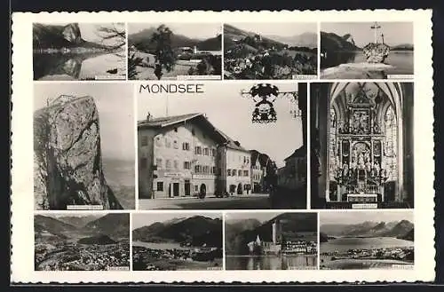 AK Mondsee, Drachenwand, Schafberg Hotel, Uferpanorama mit Kirche