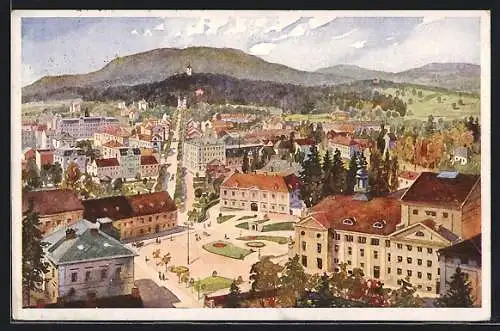 Künstler-AK Klagenfurt, Blick über die Stadt zum Kreuzberg