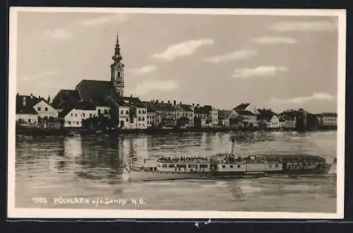 AK Pöchlarn a. d. Donau, Uferpartie mit Kirche und Dampfer