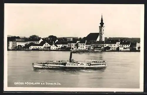 AK Gross Pöchlarn a. d. Donau, Uferpartie mit Kirche und Dampfer