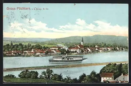 AK Gross Pöchlarn a. d. Donau, Uferpartie mit Kirche und Dampfer