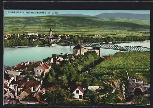 AK Mautern a. d. Donau, Ortsansicht mit Donaubrücke und Burg Stein