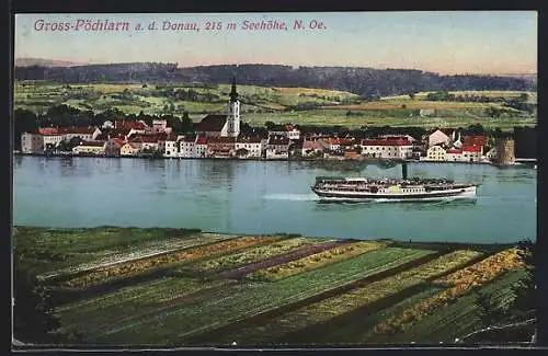 AK Gross-Pöchlarn a. d. Donau, Uferpartie mit Kirche und Dampfer