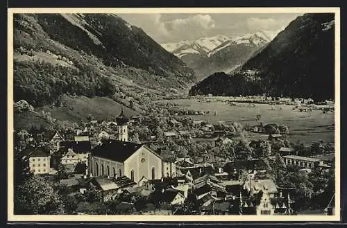 AK Schruns, Ortsansicht gegen die Silvrettagruppe im Montafon