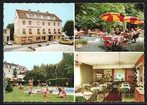 AK Söchau /Stmk., Gasthof-Pension Hubertushof, Innenansicht, Garten mit Schwimmbecken