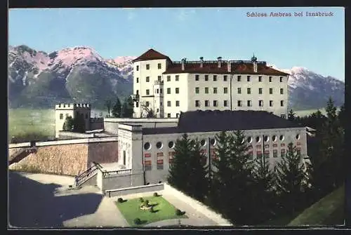 AK Innsbruck, Schloss Ambras vor Bergpanorama